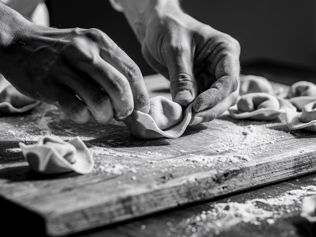 Mani di un cuoco che modellano i tortellini