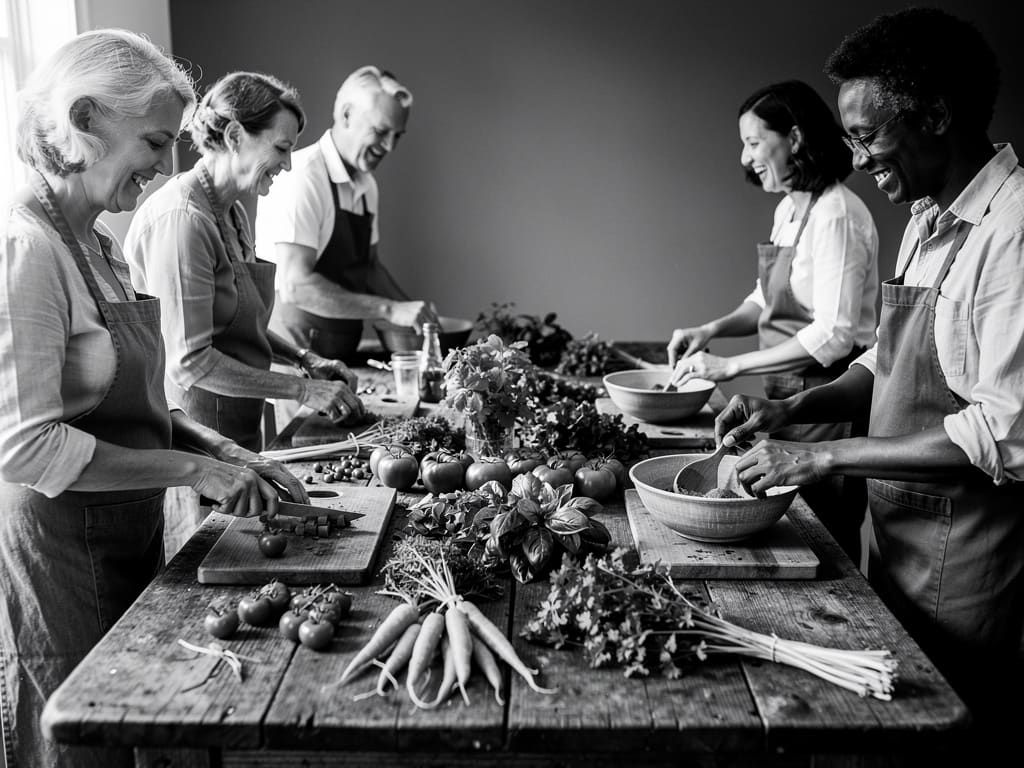 Gruppo di persone che cucinano insieme attorno a un tavolo