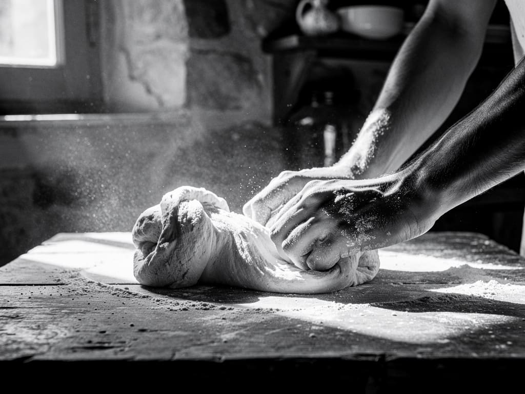 Mani che impastano la pasta fresca su un tavolo di legno